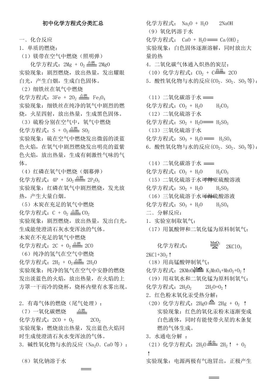 初中九上常考的化學(xué)方程式分類匯總